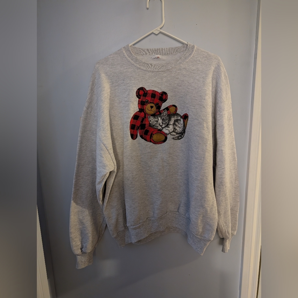 🐻Vintage 90s Sweatshirt – Plaid Teddy & Kitten Front / Winchester Virginia Back - Picture 2 of 7